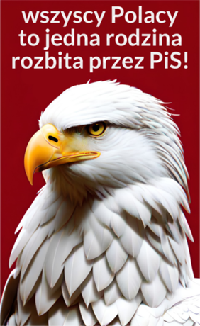 Nadruk Orzeł biały wqrzony na PiS, nadruk: wszyscy Polacy to jedna rodzina rozbita przez PiS - Przód