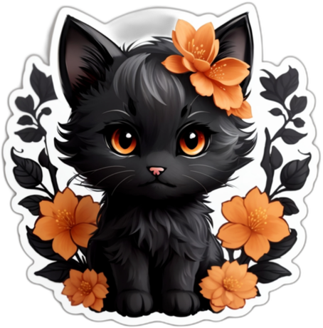 Nadruk Czarny kot z pomarańczowymi kwiatami - Przód