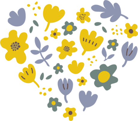 Nadruk Ilustracja Serce składa się z żółto-niebieskich kwiatów. Idealny letni kwiatowy print. - Przód