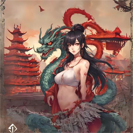 Nadruk Anime Girl with dragon - Przód
