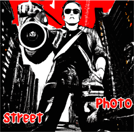 Nadruk Fotograf uliczny dynamiczna grafika w czarnej tonacji - Przód