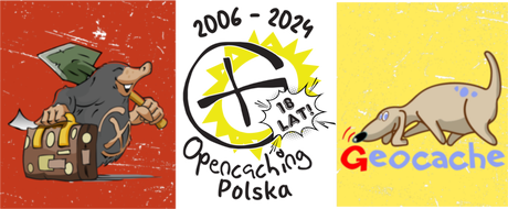 Nadruk 18 lat opencaching polska 2006-2024 Niuchacz i Kret - Przód